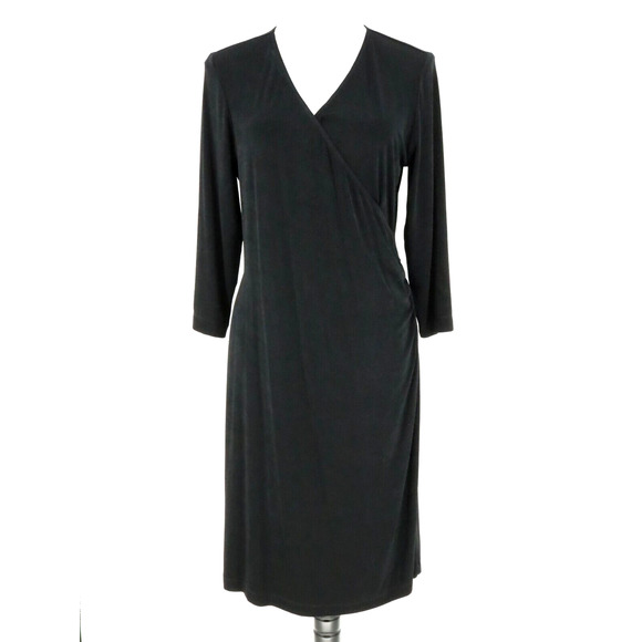 Chicos Travelers Dress 1 Womens Medium 8 Black Faux Wrap Ruched Side Career - Picture 1 of 15
